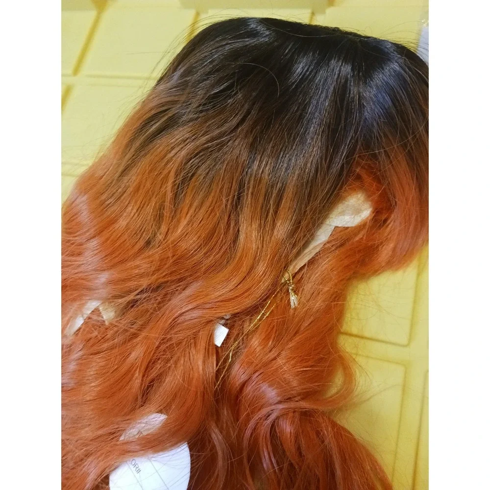 NEW Short Curly Black to Orange Ombre Synthetic Wig with Bangs & Wig Cap